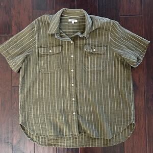 Womens Madewell Button down Olive Green White striped shirt size XL 100% Cotton